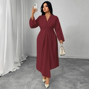 Elegant wine red long sleeve V-neck dress with twist waist and asymmetrical hemline