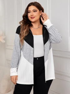 Detail of color-block striped knit cardigan featuring a zipper, hood, and premium texture