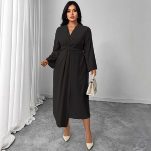 Elegant black long sleeve V-neck midi dress with waist twist detail and pleated design