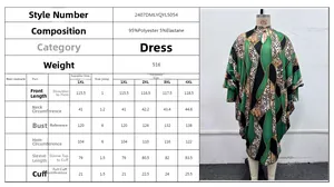 Size chart showing batwing sleeve dress measurements in polyester and elastane fabric