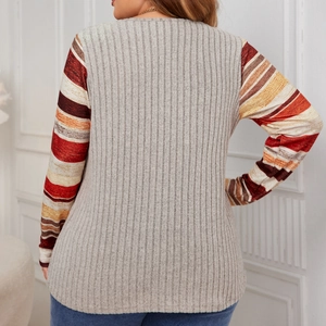 Women's V-neck ribbed knit top with grey body and colorful striped long sleeves on back view
