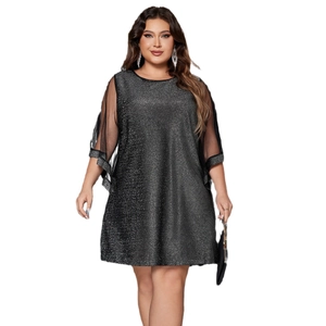 Plus size black sequins cocktail dress with mesh cloak sleeves and round neckline