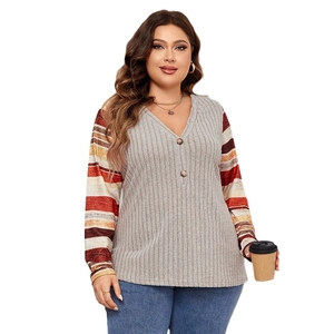 Women's plus size V-neck ribbed top with colorful striped long sleeves for autumn wear