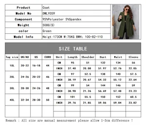 Tabella taglie dettagliata per cappotto lungo verde da donna con misure in cm e in pollici