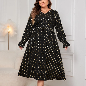 Women Plus Size Maxi Dress Gold Foil Polka Dot V Neck Long Sleeve High Waist Loose Elegant Black Long Dress Fall Casual Outfit