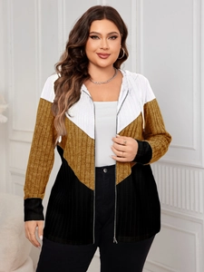 Detail of color-block hooded cardigan with ribbed texture and striped pattern design