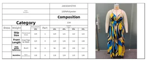 Size chart for floral beach maxi dress showing 1XL to 4XL dimensions and 100% polyester fabric