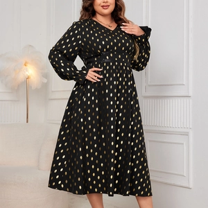 Elegant V-neck long-sleeved dress in black with golden foil drop patterns and high waist