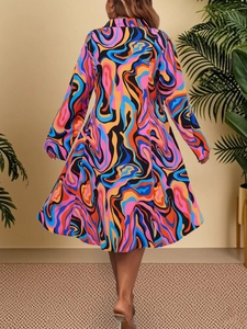 Macro shot of abstract fluid print pattern and high-quality fabric on polo maxi dress