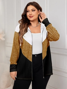 Close-up of knit texture and color-block stitching on the hooded zip-up cardigan