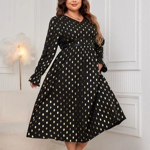 Elegant V-neck long sleeve maxi dress with golden leaf patterns and a high waist belt