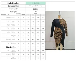 Size chart for leopard print long sleeve dress with detailed fabric measurements and weight