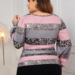 Plus size long sleeve top with sequin patchwork and pink grey stripes seen from back