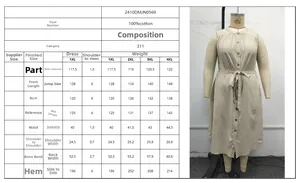Detailed size chart for the beige cotton sleeveless buttoned dress from 1XL up to 4XL