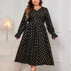 Elegant V-neck long sleeve maxi dress with golden polka dots and high waist detail