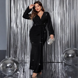 Elegant deep V-neck long sleeve sparkly black mermaid evening gown with waist knot detail