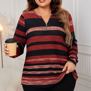 Haut rayé grande taille pour femme avec col en V zippé et manches longues casual
