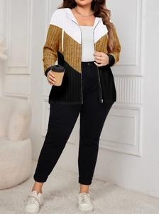 Detail of color-block striped knit hoodie with zip front and textured rib fabric