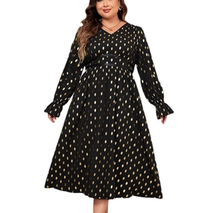 Women's V-neck maxi dress in black with gold foil polka dots and ruffled long sleeves