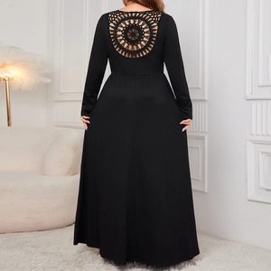 Plus Size Women Long Sleeve V-Neck Maxi Dress Elegant Black High Waist Backless Crochet Hollow Out Long Dress With Belt