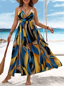 Deep V-neck beach dress featuring abstract floral prints and high side slit detail