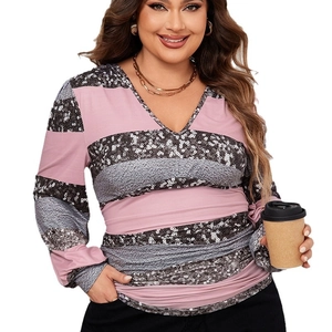 Plus size women's V-neck striped long sleeve top with sequin embellishments
