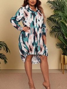 Detail of plus size tie-dye shirt dress with polo collar and drawstring hem design