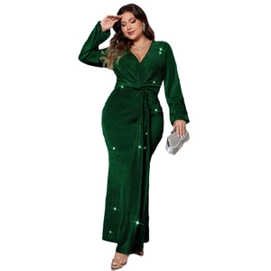 Sparkly dark green V-neck long sleeve evening gown with ruched waist and mermaid hem
