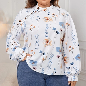 Women's plus size long sleeve blouse with colorful floral print and shoulder buttons