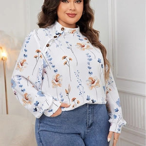 Women's plus size long sleeve blouse with elegant blue and orange floral print
