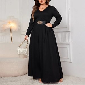 Elegant plus size black long sleeve maxi dress with V-neck and vintage gold buckle belt