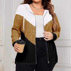 Detail of ribbed texture and V-shaped color block on a zip-up striped cardigan jacket