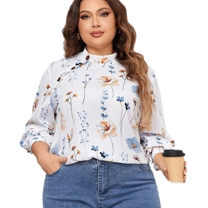 Women's plus size long sleeve shirt with floral print and buttoned stand collar