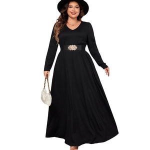 Elegant black V-neck maxi dress with long sleeves and decorative waist belt for women