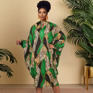 Women's Plus Size Batwing Sleeve Midi Dress Geometric Leopard Print High Neck Keyhole Loose Elegant Long Sleeve Vacation Dress