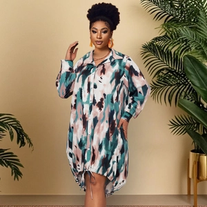 Women Plus Size Long Sleeve Shirt Dress Abstract Tie Dye Print Polo Neck Drawstring Hem Loose Casual Maxi Dress