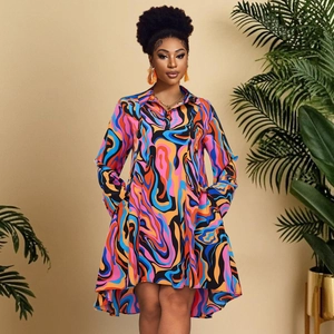 Women Plus Size Abstract Fluid Print Shirt Dress Long Sleeve Polo Neck High-Low Hem Midi Dress With Side Pockets