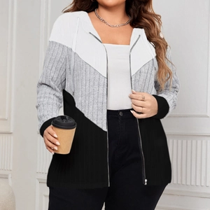 Detail of hooded striped cardigan with color-block knit pattern and drawstring