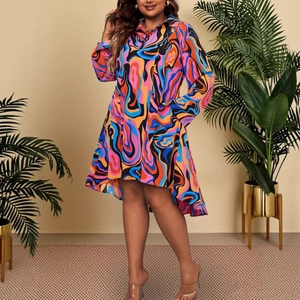 Colorful fluid print polo collar maxi dress with high-low hem in a relaxed fit style