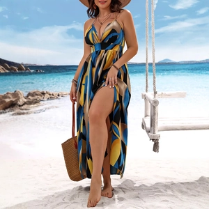 Deep V-neck printed beach maxi dress with high slit and backless design for summer vacation