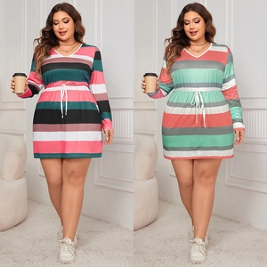 Robe Grande Taille Femme à Rayures Col en V Manches Longues Avec Cordon de Serrage Taille Décontractée Automne Midi Coupe en A