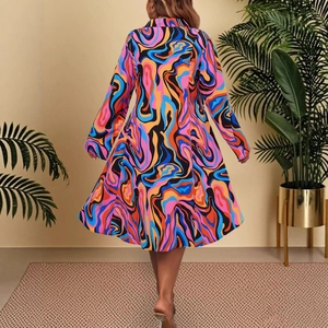 Women's A-line long-sleeve polo dress featuring vibrant psychedelic wave prints