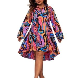 Women's multi-color abstract print polo collar dress with long sleeves and high-low hem