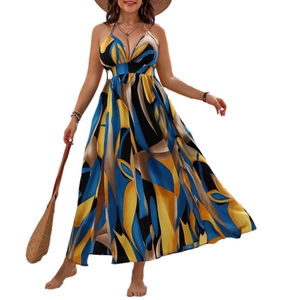 Halter neck maxi dress with abstract print and high slit for summer beach vacation