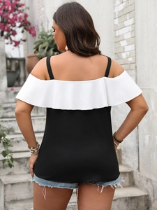Detail of plus size off-shoulder top with white ruffle sleeve and black strap on back
