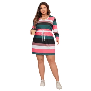 Robe courte grande taille à manches longues avec rayures colorées et cordon de serrage
