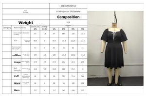 Detailed size guide for plus size square neck dress with polyester and elastane fabric info