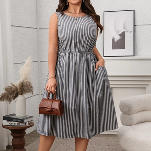 Detail view of striped sleeveless dress showing elastic waist and hidden side pockets