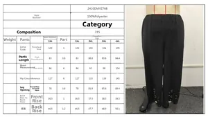 Size chart and details for black wide leg pants with hollow-out floral lace hem