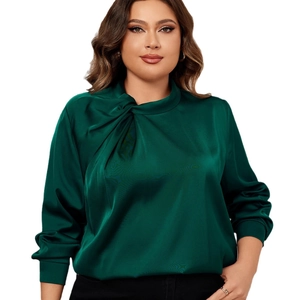 Elegant dark green satin long sleeve blouse with twisted high neck for women